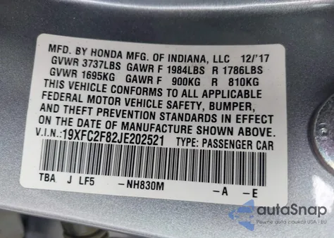 2018 Honda Civic Ex из США, поврежденный, VIN 19XFC2F82JE202521